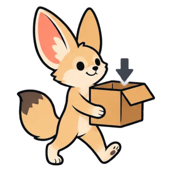 The fox carries an open cardboard box.