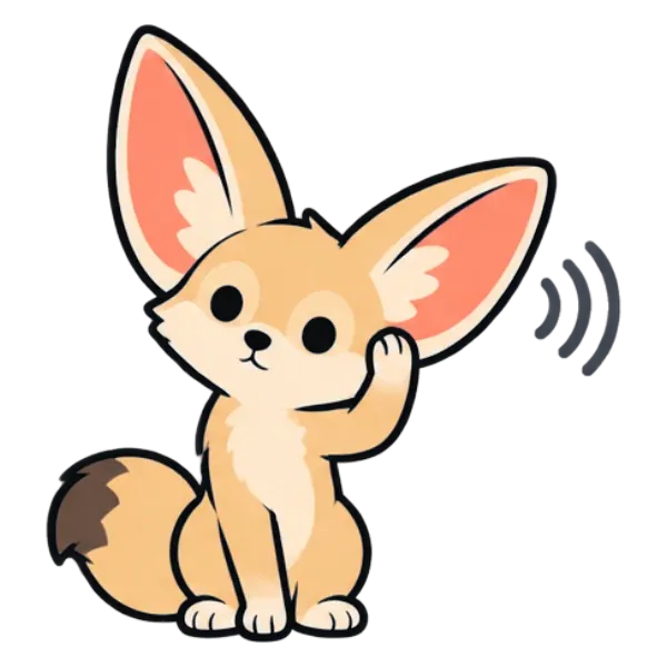A small fox with very large ears cups a paw behind one of them, listening.