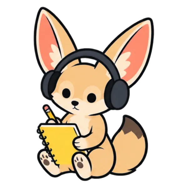 The fox, wearing headphones, writes in a notebook.